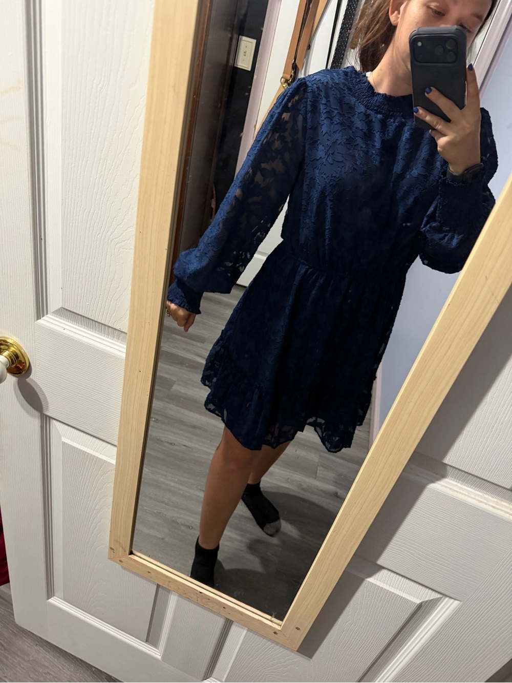 Elegant Navy Lace Mini Dress with Long Sleeves